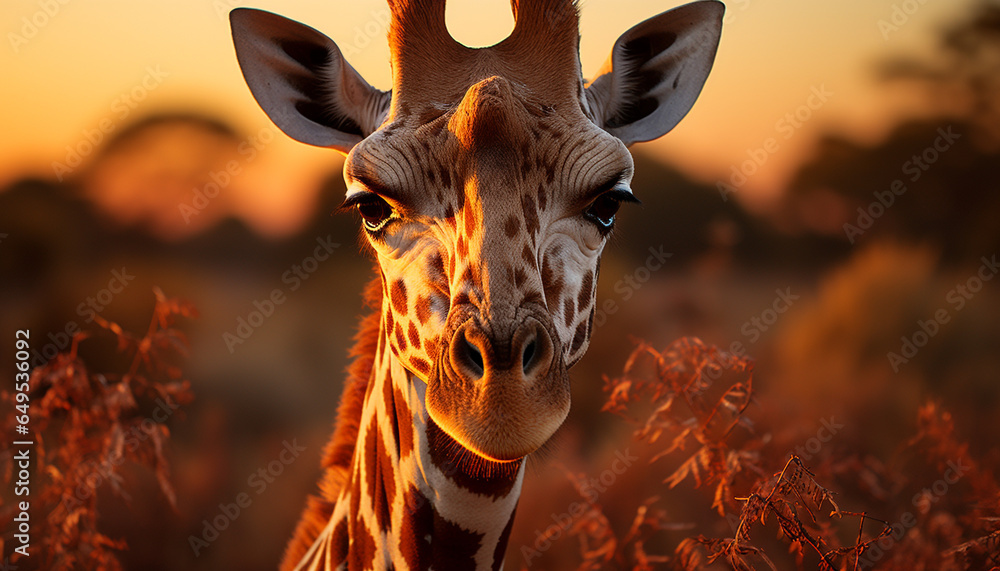 Giraffe standing in meadow, looking at camera, sunset backdrop generated by AI - obrazy, fototapety, plakaty 