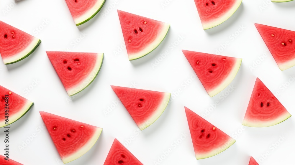 An artistic composition of sliced watermelon, arranged in a geometric pattern. An artistic composition of sliced watermelon, arranged in a geometric pattern.