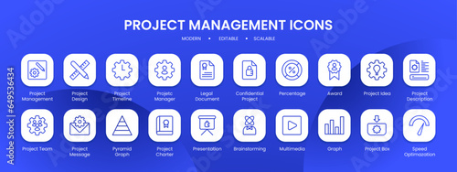 Project management icon collection with black filled line outline style. management, business, project, symbol, development, process, design. Vector illustration