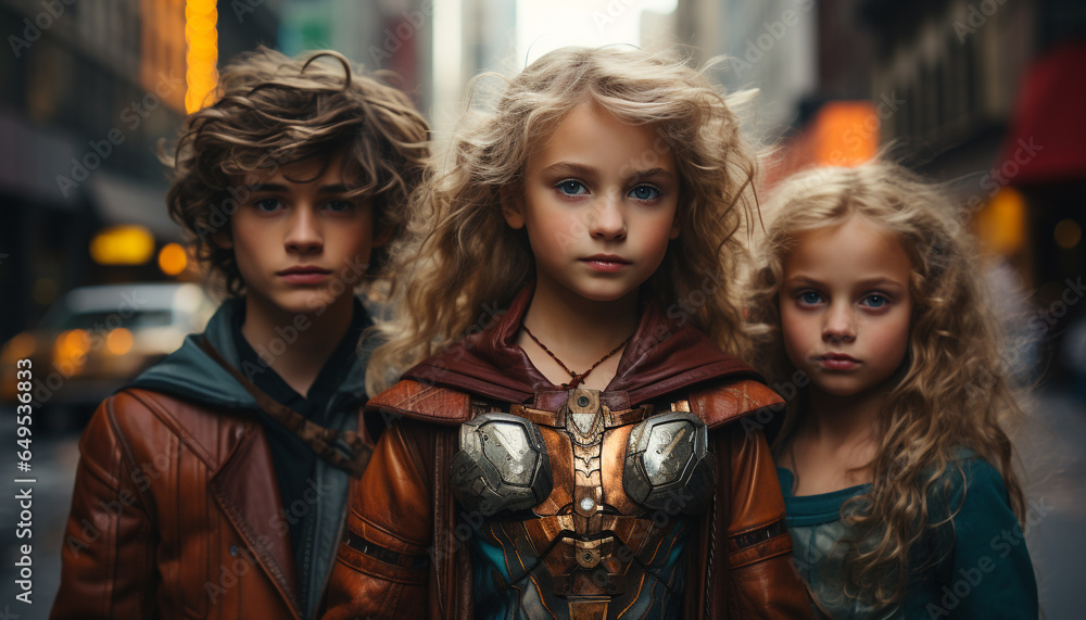 A group of confident, smiling children standing outdoors at night generated by AI