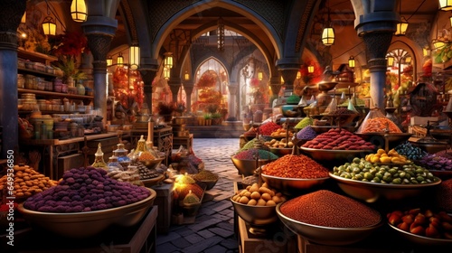 a picture of an exotic spice bazaar, with vibrant colors and aromatic delights