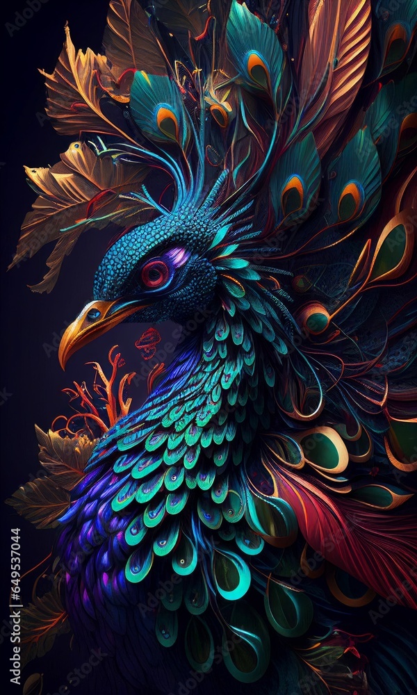 Obraz premium Close up peacock bird with beautiful tail for background Created with Generative AI technology.
