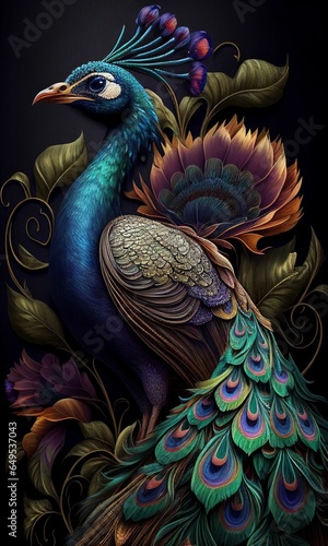 Close up peacock bird with beautiful tail for background Created with Generative AI technology.