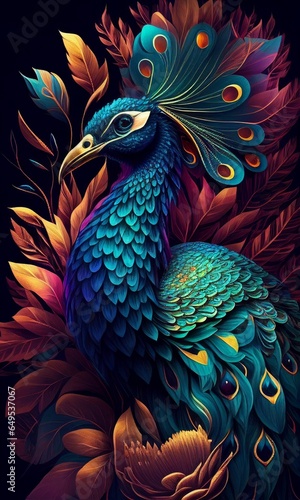 Close up peacock bird with beautiful tail for background Created with Generative AI technology. © Sakrapee Nopparat