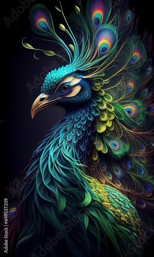 Close up peacock bird with beautiful tail for background Created with Generative AI technology.