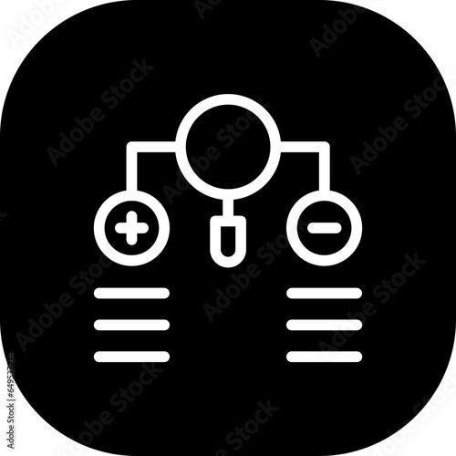 Pros and cons project management icon with black filled line outline. choice, positive, pros, negative, cons, bad, good. Vector illustration