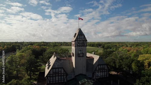 Assiniboine Park in Winnipeg, MB. Gorgeous aerial pull-out shot on the Pavilion, 4K photo