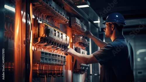 Electrician engineer with plan to check electrical supply in front of control fuse switchboard