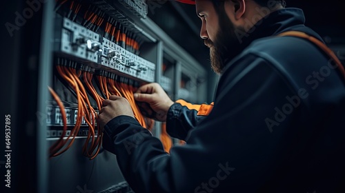 Electrician engineer with plan to check electrical supply in front of control fuse switchboard