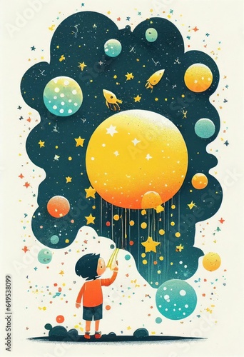 Cover book of kid standing on universe with cute little stars Created with Generative AI technology.