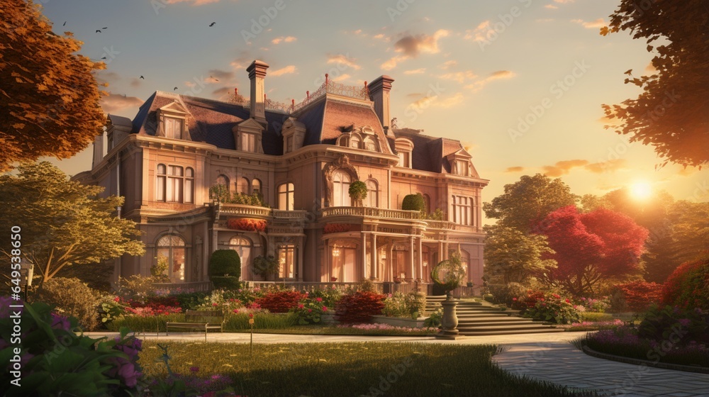 Evoke the timeless charm of a stately manor bathed in the warm hues of the setting sun