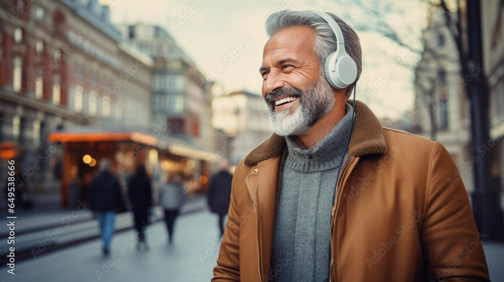 Senior handsome man with headphone wireless in the city Senior handsome man with headphone wireless in the city