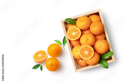 oranges and tangerines in wooden crate on white