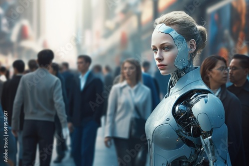 cyborg girl walking with people