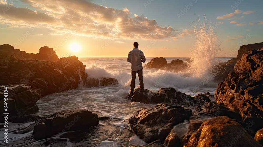 A man standing on a rocky shoreline at sunset AI Generative