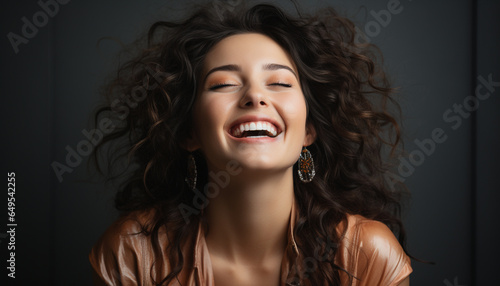 A beautiful woman with long curly hair smiling in studio generated by AI