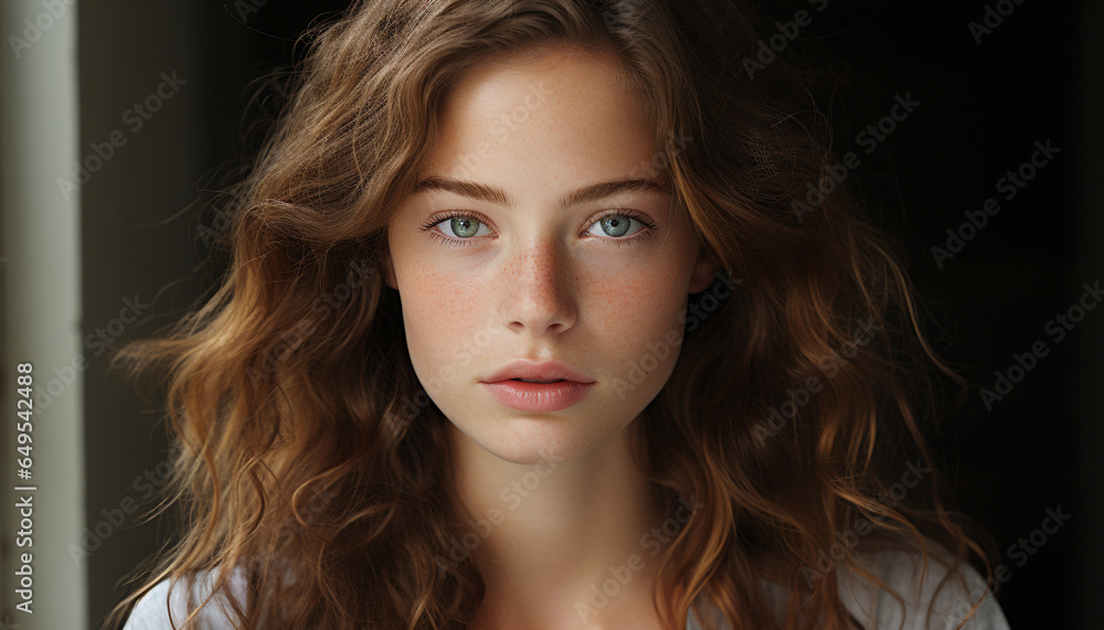 Beautiful woman with long brown hair looking at camera generated by AI Beautiful woman with long brown hair looking at camera generated by AI