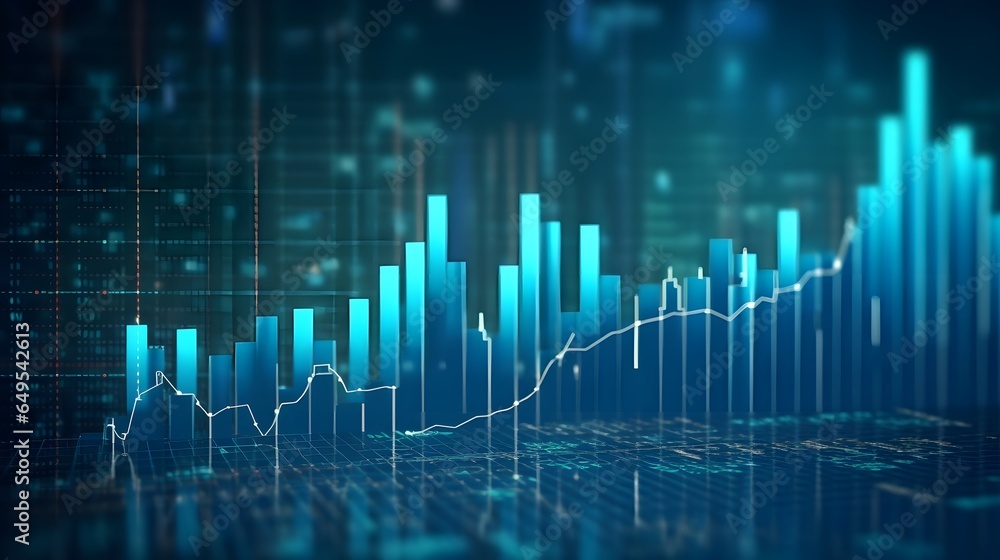 Financial background of stock and derivatives market, graphs, charts, columns, lines, numbers in blue color. Trend up and down. Financial market concept - obrazy, fototapety, plakaty 
