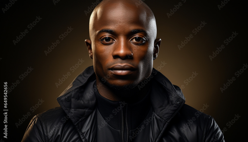 Confident African American man in leather jacket, smiling at camera generated by AI Confident African American man in leather jacket, smiling at camera generated by AI