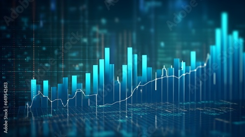 Financial background of stock and derivatives market, graphs, charts, columns, lines, numbers in blue color. Trend up and down. Financial market concept photo