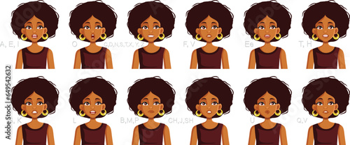 Happy Woman of African Ethnicity Making Sounds Vector Cartoon Set. Attractive young lady doing lip sync expressions
