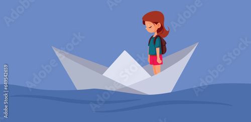Sad Little Girl Sitting in a Paper Boat Vector Concept illustration. Abandoned child feeling lonely and upset suffering from depressive episode
