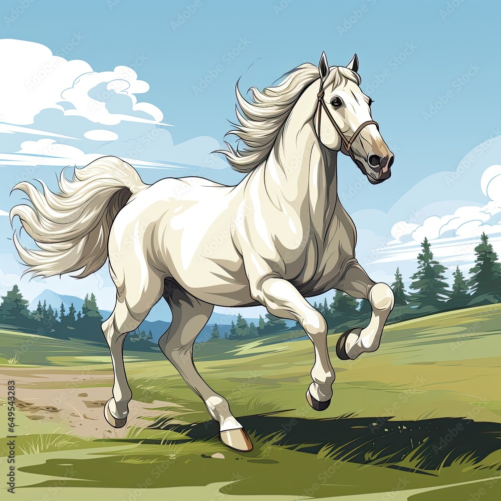 Noble horse gallops freely in an open field