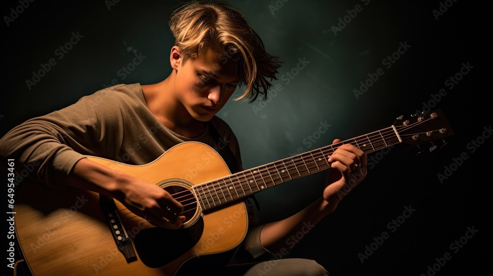Obraz premium Portrait of a young musician playing a guitar AI Generative