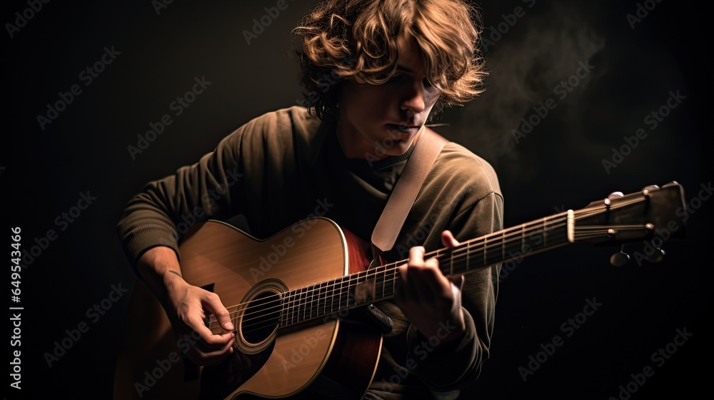 Obraz premium Portrait of a young musician playing a guitar AI Generative