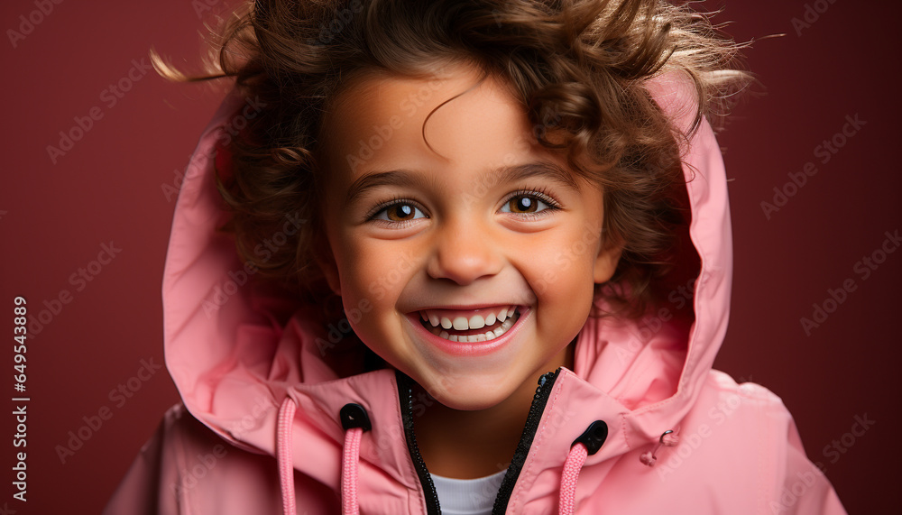 Smiling child looking at camera, happiness in autumn outdoors generated by AI Smiling child looking at camera, happiness in autumn outdoors generated by AI