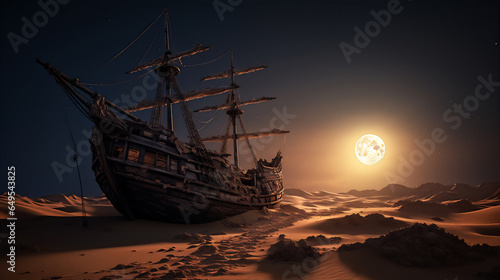 wood old sailing ship stranded in the middle of desert at sunset, moon and stars, hyper realistic, dramatic light, create using generative AI tools.