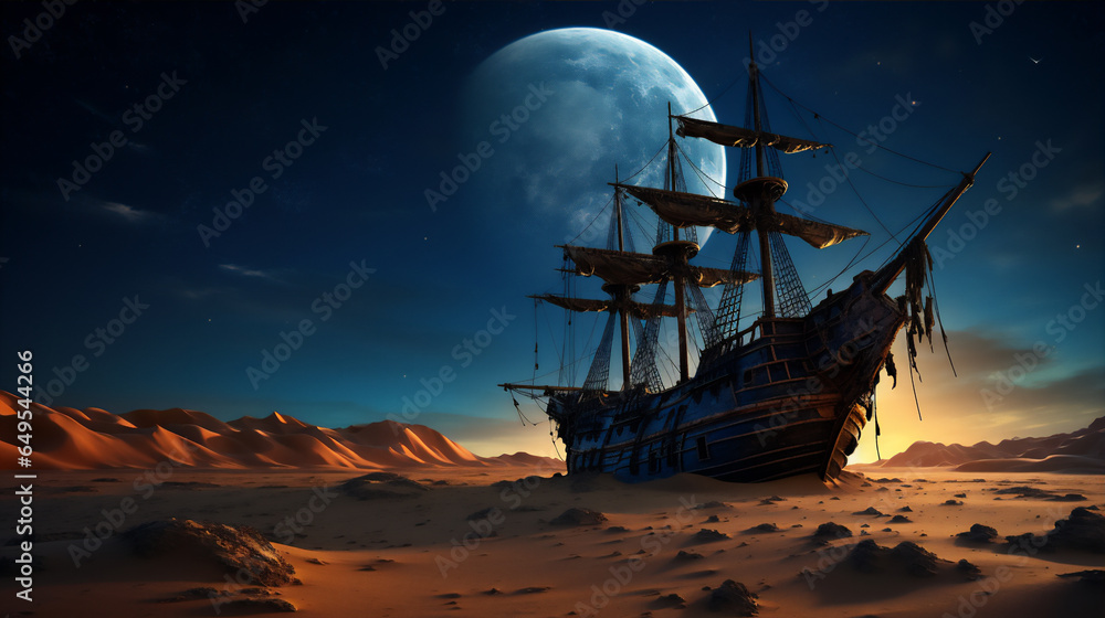 Obraz premium wood old sailing ship stranded in the middle of desert at sunset, moon and stars, hyper realistic, dramatic light, create using generative AI tools.