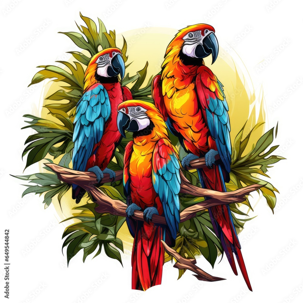 Obraz premium Colorful macaw perches on a tropical tree isolated on a white background