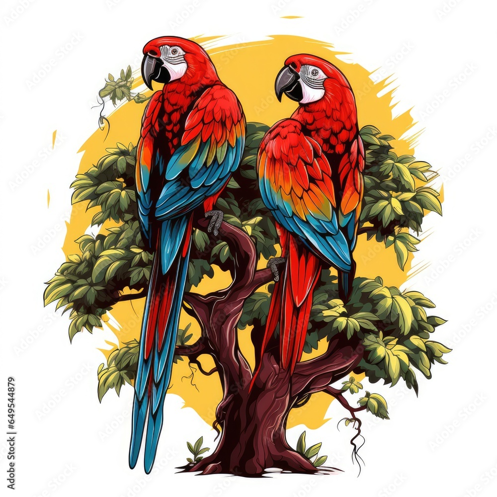 Colorful macaw perches on a tropical tree isolated on a white background