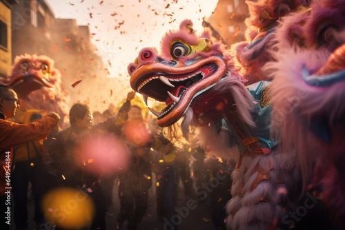 Generative ai of dragon dance among the crowds of the exciting Chinese New Year parade. © P Stock