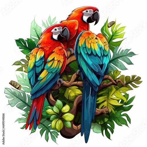 Colorful macaw perches on a tropical tree isolated on a white background © Vibrant