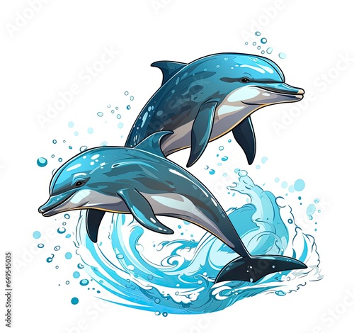 Playful dolphins leap out of the water isolated on a white background