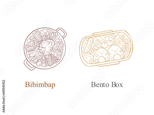 hand drawn illustration of bibimbap and rice box