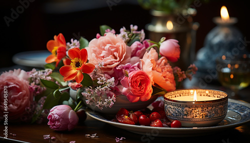 Romantic candlelight decorates table with fresh flower bouquet generated by AI