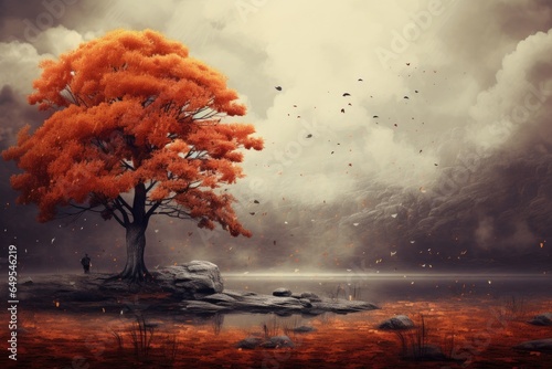 Fantasy landscape with autumn tree and foggy sky. Art illustration. Generative Ai