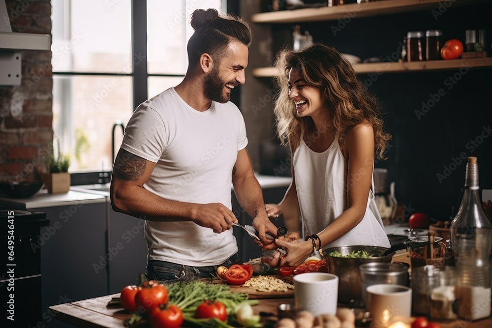 Obraz premium Romantic couple at the kitchen with food preparing background.