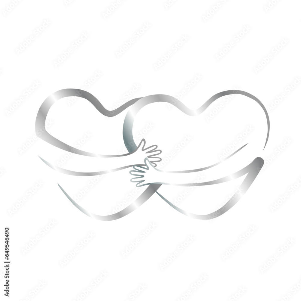 2 silver hearts, each with 1 arm hugging each other, vector 2 silver hearts, each with 1 arm hugging each other, vector