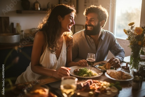Romantic couple at the kitchen with food preparing background.