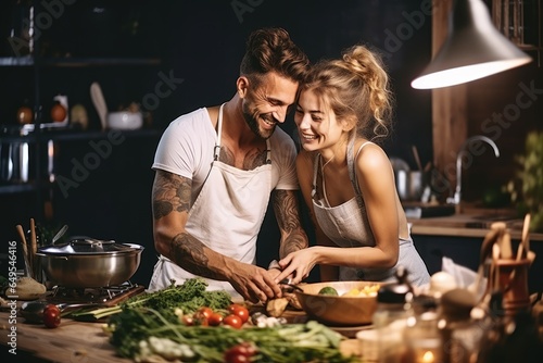 Romantic couple at the kitchen with food preparing background. photo