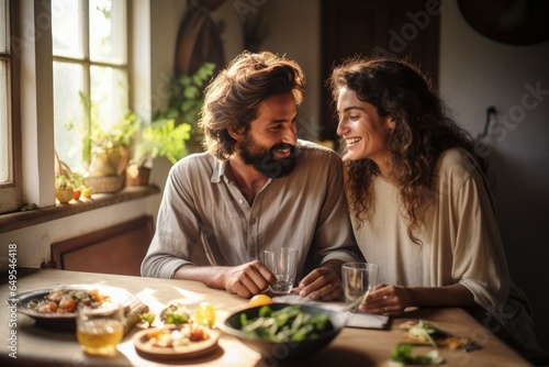 Romantic couple at the kitchen with food preparing background.