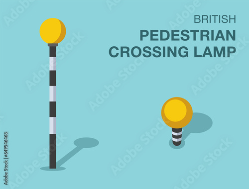 Traffic regulation rules. Isolated British pedestrian crossing lamp. Front and top view. Flat vector illustration template.