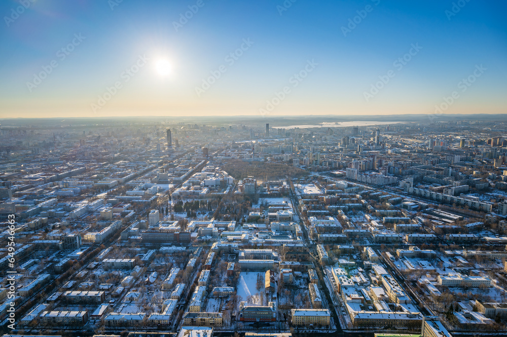 Yekaterinburg aerial panoramic view at Winter in sunny day. Ekaterinburg is the fourth largest city in Russia located in the Eurasian continent on the border of Europe and Asia.