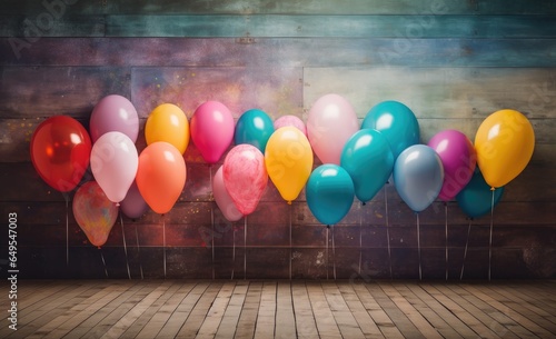 colorful balloons with wooden background for happy birth day, celebration concept 