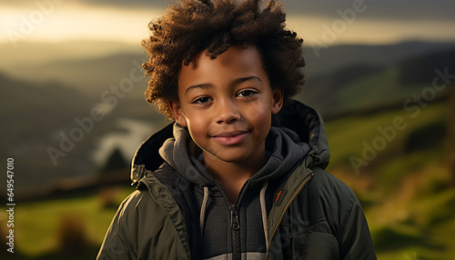 Smiling African boy hiking, enjoying nature beauty, looking at camera generated by AI