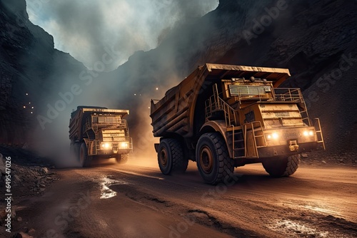 Huge quarry trucks carry the rock for beneficiation and processing. Large quarry dump trucks.